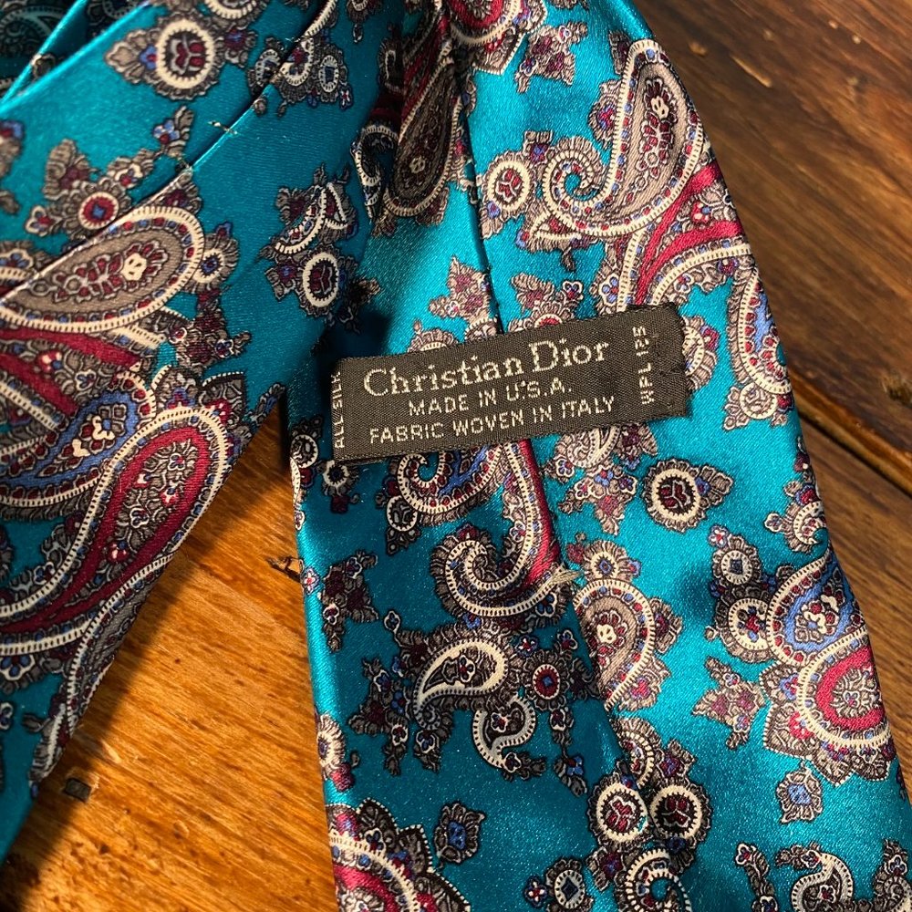 Christian Dior Paisley Print Silk Neck Tie Blue - Picture 4 of 7